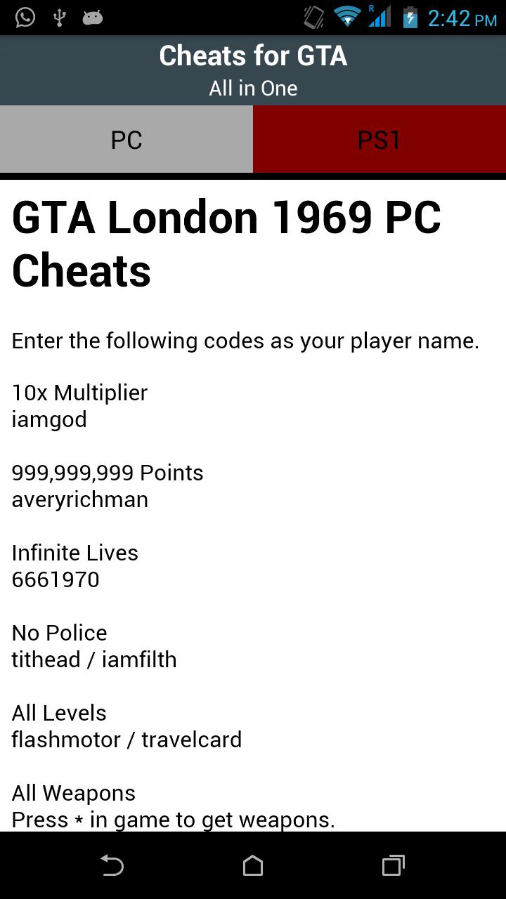 Cheats for GTA : All in One